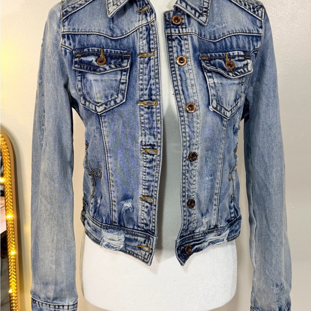 White Crow Distressed Denim Jacket with Red Bandana Backing - Picture 3 of 6